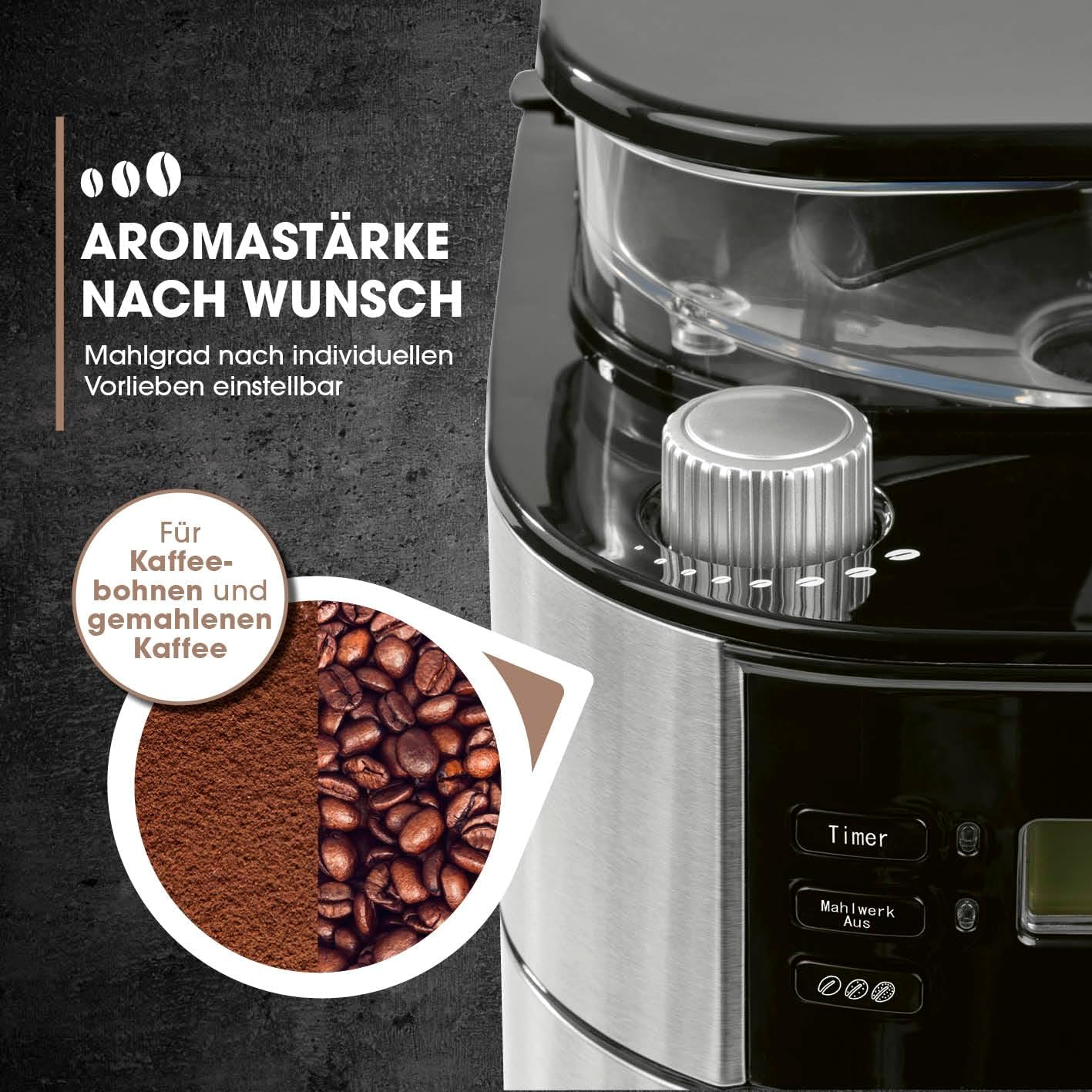 Barista Filterkaffeemaschine mit verstellbarem Mahlwerk & Glaskanne | Warmhaltefunktion, 24h Timer & Permanentfilter | Für 10 Tassen Kaffee | Kaffeemaschine für Bohnen & Pulver [Edelstahl]