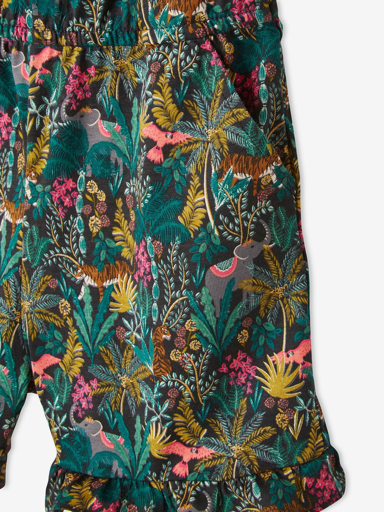 Macacão curto com alças e estampa exótica, para meninas, estampa amarelo escuro.