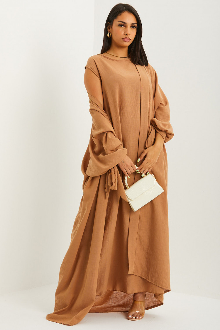 Ensemble effet lin 2 pièces kimono + robe camel