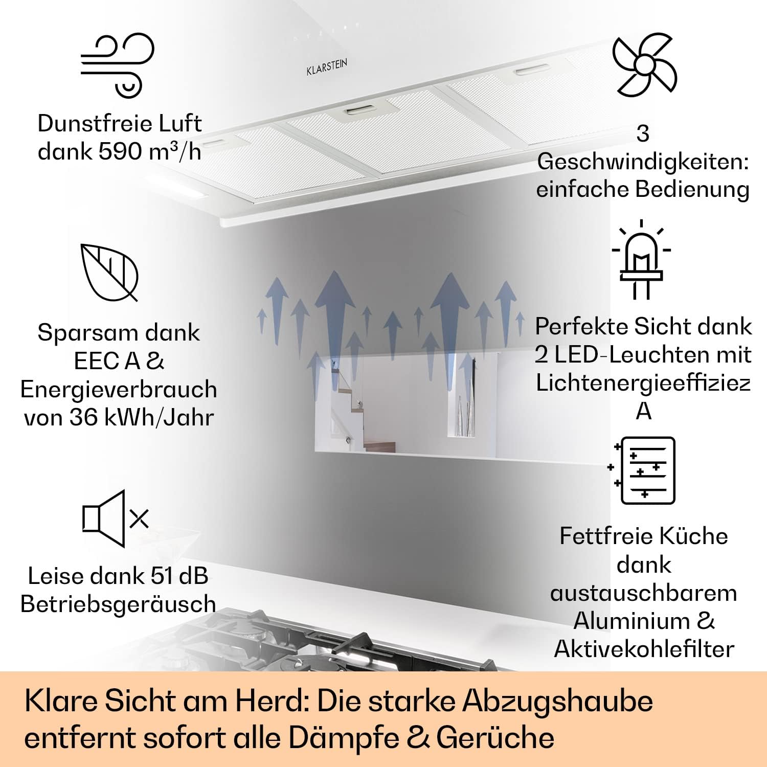 Klarstein Dunstabzug, Insel-Dunstabzug Freihängend, Abluft/Umluft Dunstabzug zur Deckenmontage, Dunstabzugshaube mit 3 Stufen, Timer, 590m³/h Luftstrom & Aktivkohle-Filter, Inselhaube für die Decke