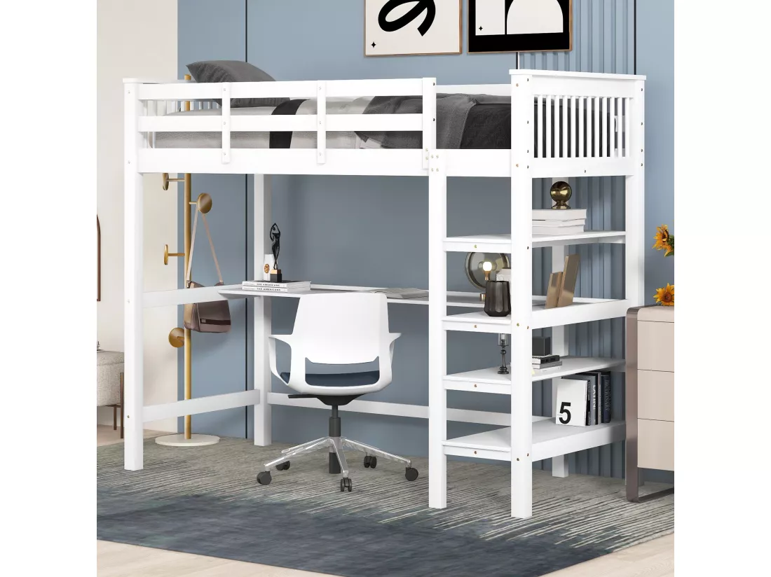 Lit mezzanine 90 x 200 cm pour enfant - bureau + étagères de rangement - blanc