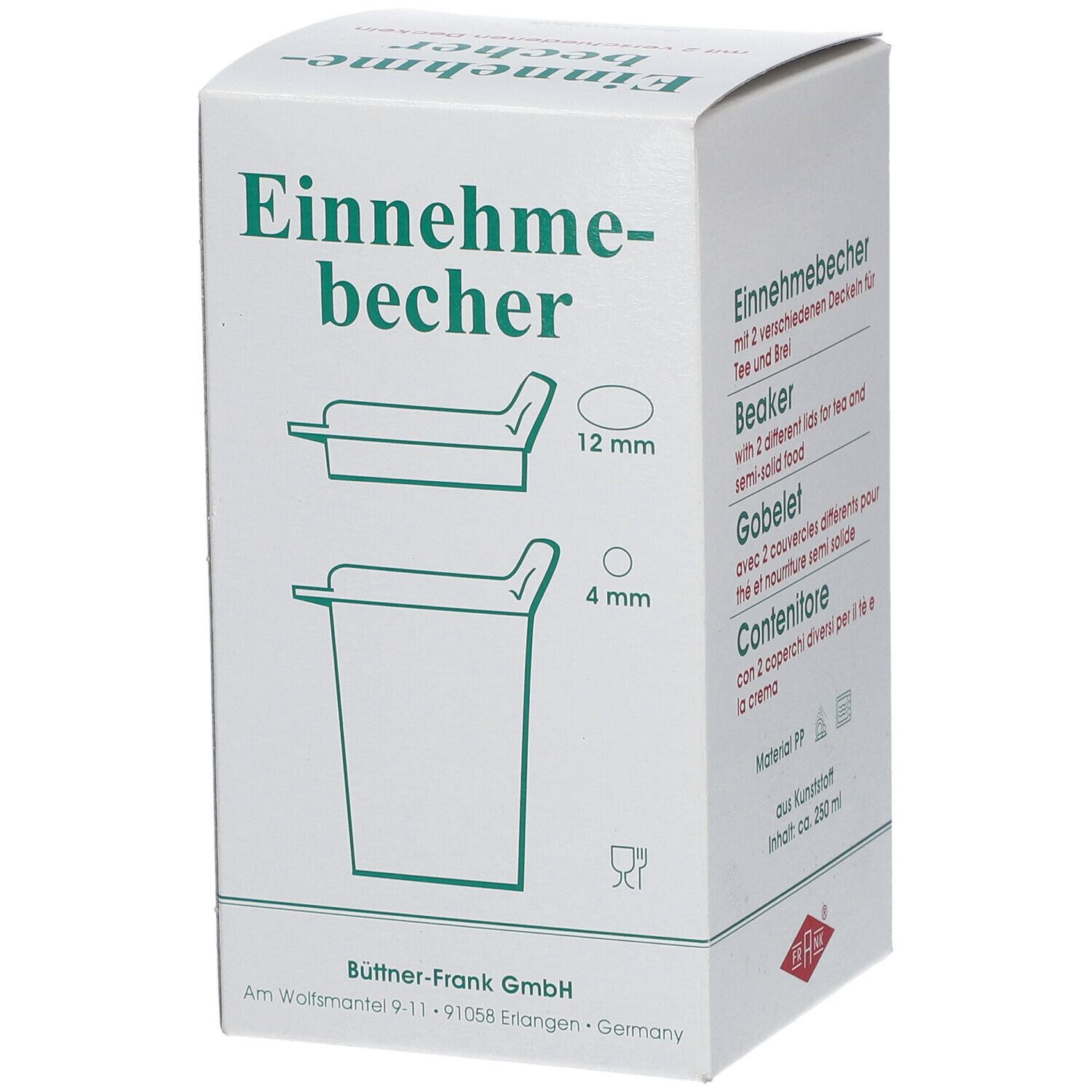 FRANK® Einnehmebecher Kunststoff mit austauschbaren Trinkdeckel 4 mm / 12 mm