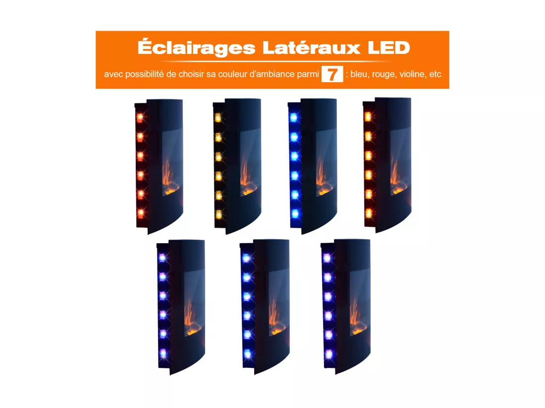 Cheminée électrique murale éclairages latéraux LED design avant-gardiste affichage LED avec télécommande et minuterie 900/1800 W luminosité réglable noir