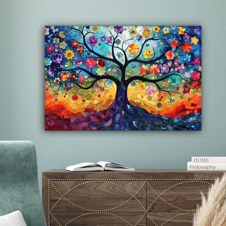 MuchoWow Canvas Schilderij 90x60cm Kunst Levensboom Bloemen