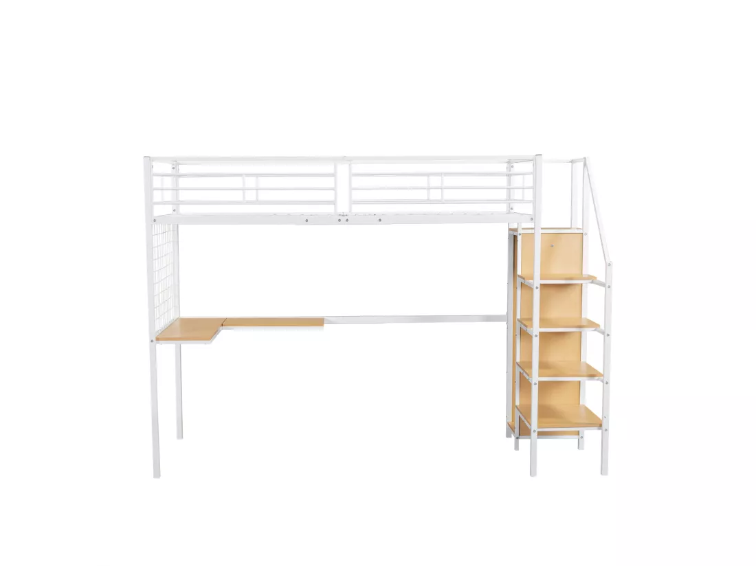 Lit mezzanine 90x200cm, lit enfant avec table et armoire, échelle latérale, acier + MDF, blanc