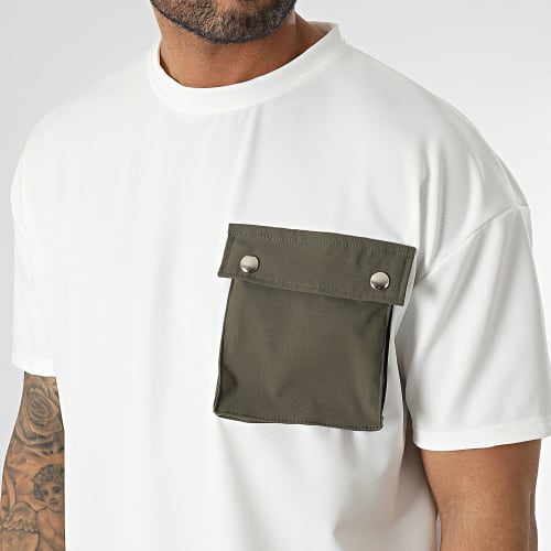 Tee Shirt A Poche Poitrine Beige Clair Vert Kaki