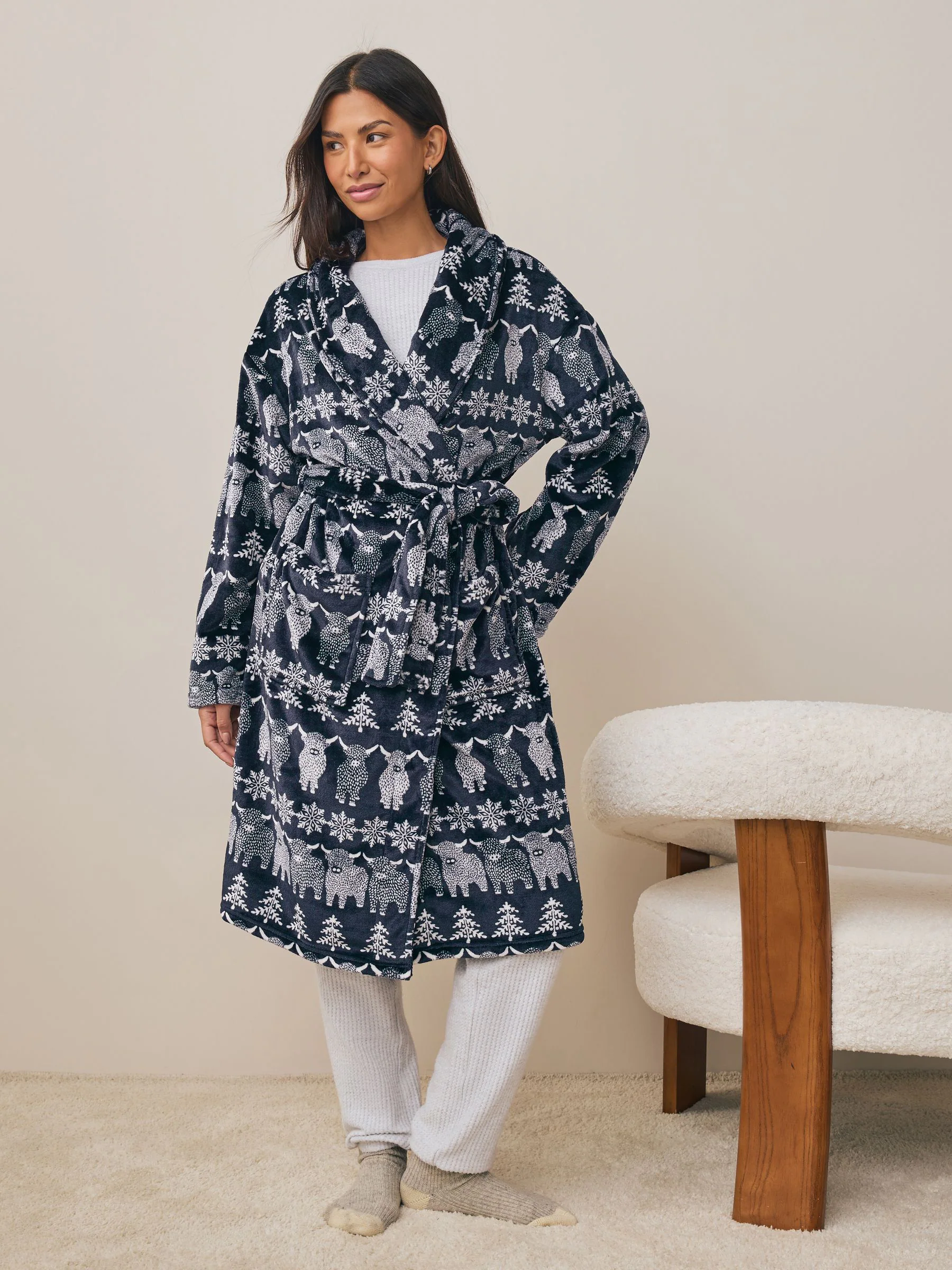 Donkerblauw - Matching Family Christmas Fairisle pattern Hamish The Highland Cow Dressing Gown