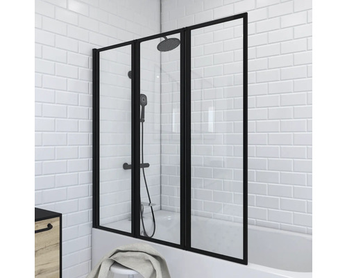 Badscherm 3-delig Aurlane Triple 125 x 143 cm helder glasprofiel kleur zwart FAC275