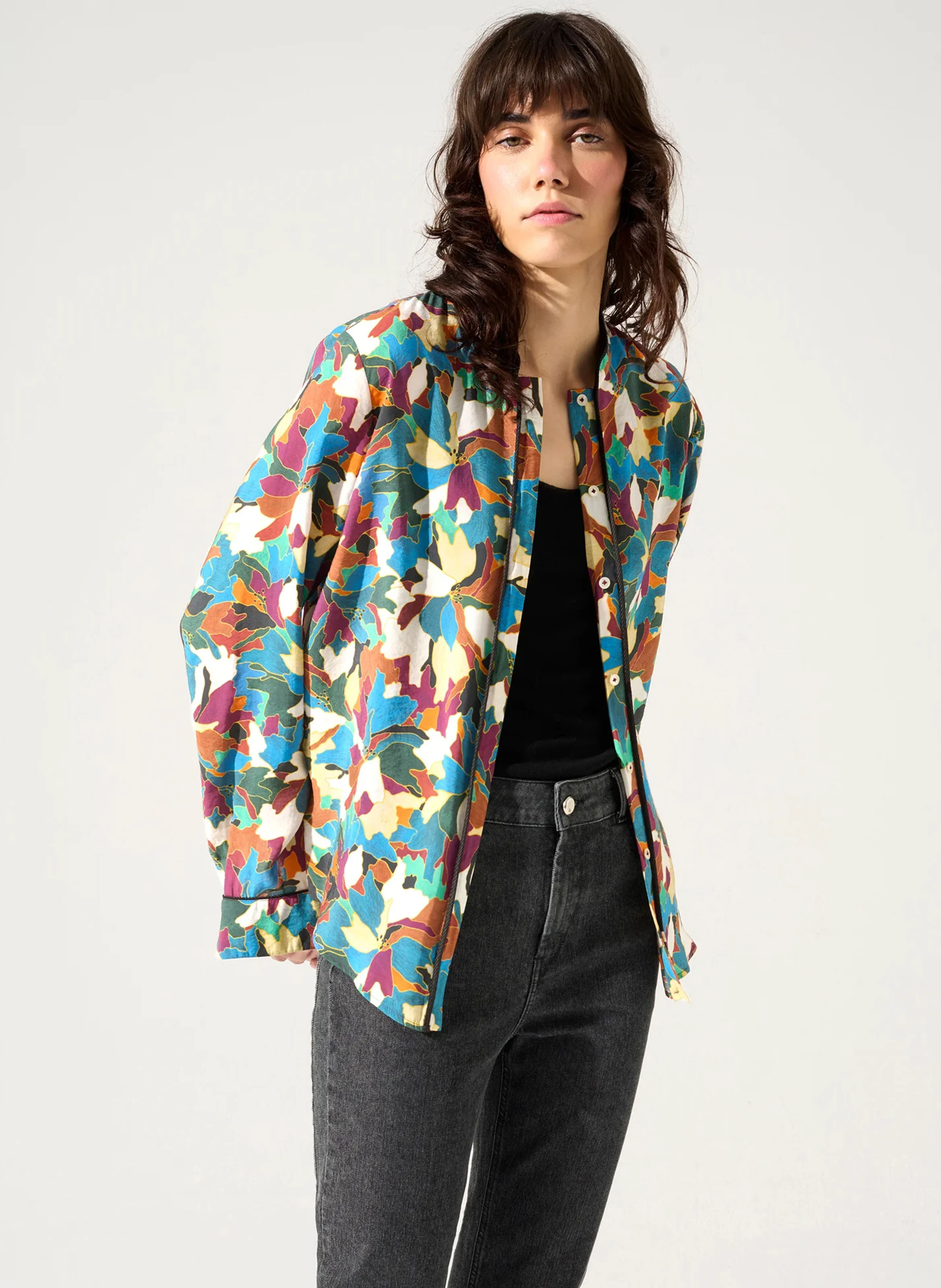 BLOOM - Chemise col mao droite imprimée | Bleu