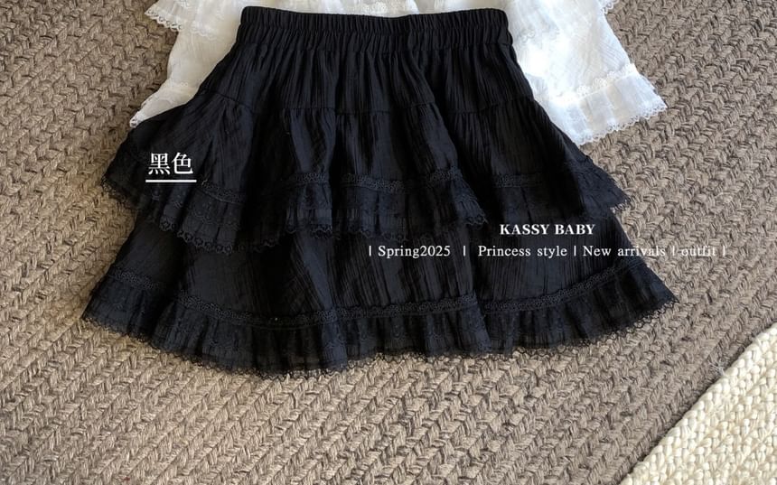 Closette - Hoge taille effen ruche paneel kant mini A-lijn rok