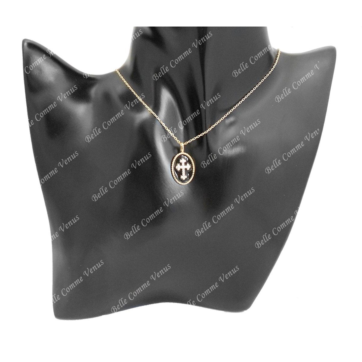 Collier croix fleur de lys sertie d'oxyde de zirconium émail noir Plaqué OR 750 3 microns