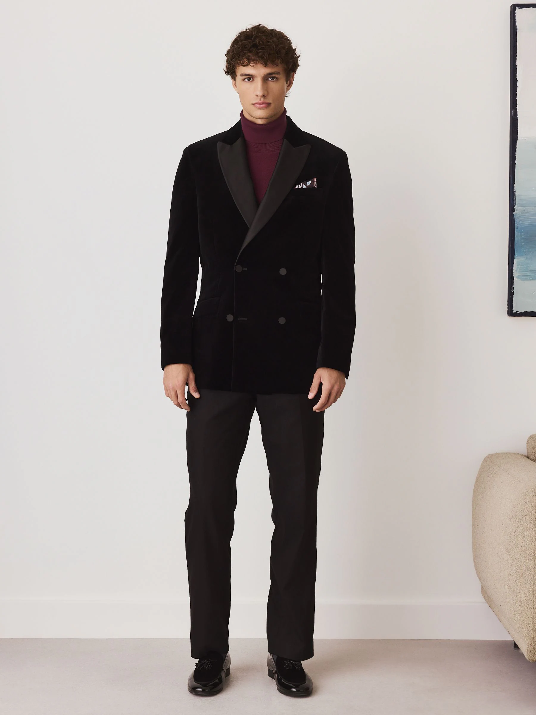Bordeauxrood - Slim Fit Herringbone Texture Roll Neck Jumper