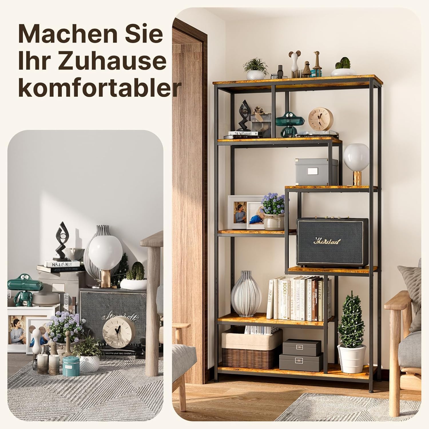 Bealife Bücherregal, 5-stöckiges Versetztes Bücherregal. Offenes Freistehendes Regal für Wohnzimmer, Industriedesign, 98 x 30 x 180 cm, Büro, Arbeitszimmer, Retro OR4751734