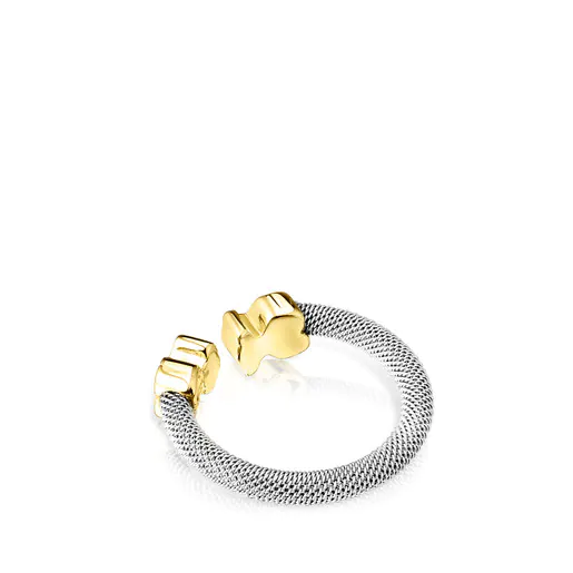 Anel TOUS Mesh tamanho médio com motivo de urso, em aço e dourado.