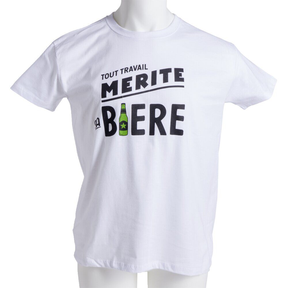 T-shirt homme inscription Tout Travail Mérite Sa Bière coton blanc
