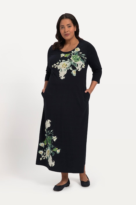 Jerseykleid, A-Line, Blüten, Taschen, Rundhals, 3/4-Arm