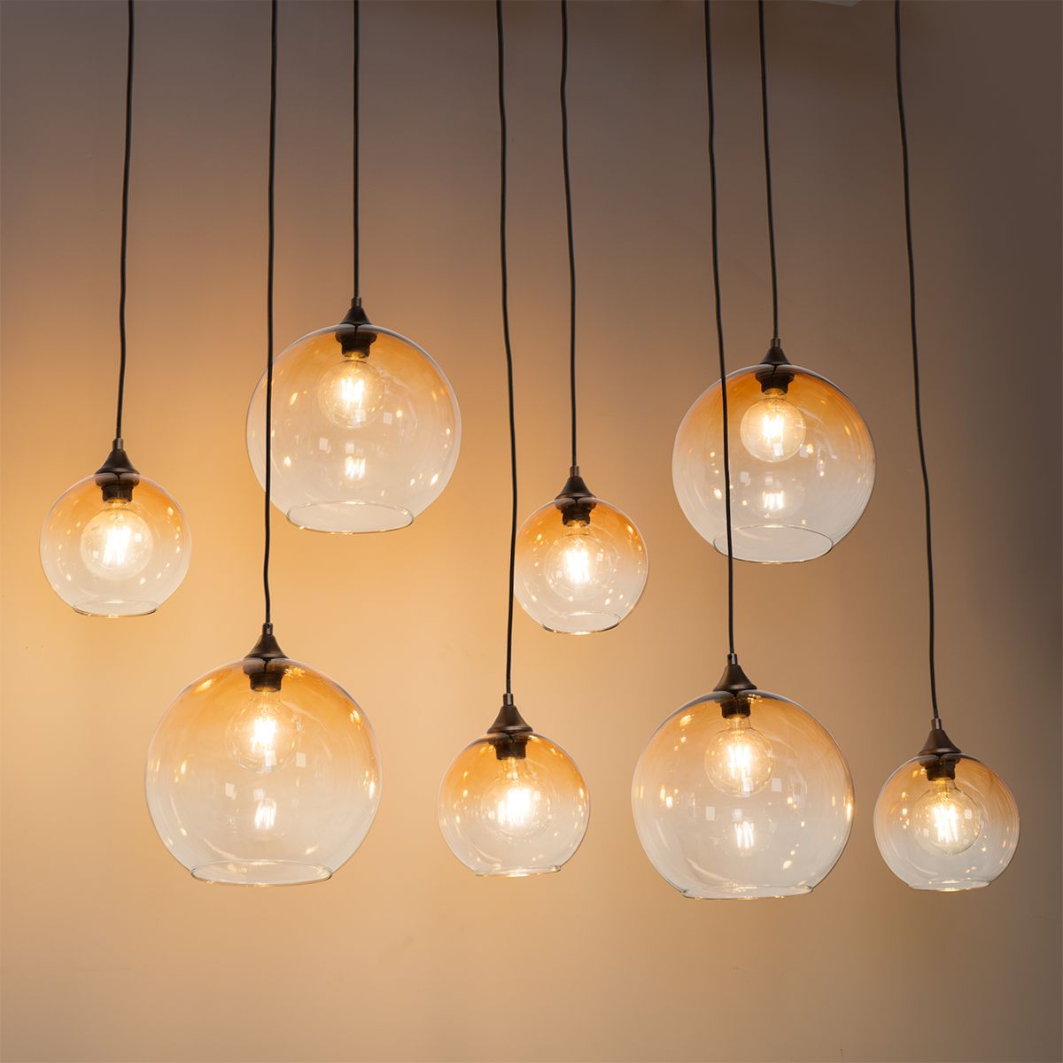 Smart hanglamp donkerbrons met amber glas 8-lichts incl. 8 Wifi G95 - Sandra