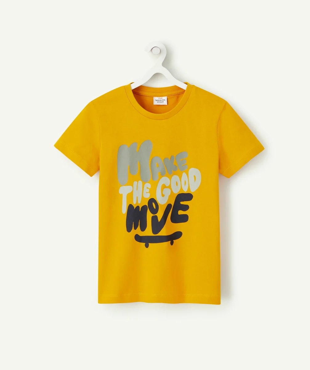 T-SHIRT GARÇON EN COTON BIO JAUNE AVEC MESSAGE ET SKATE