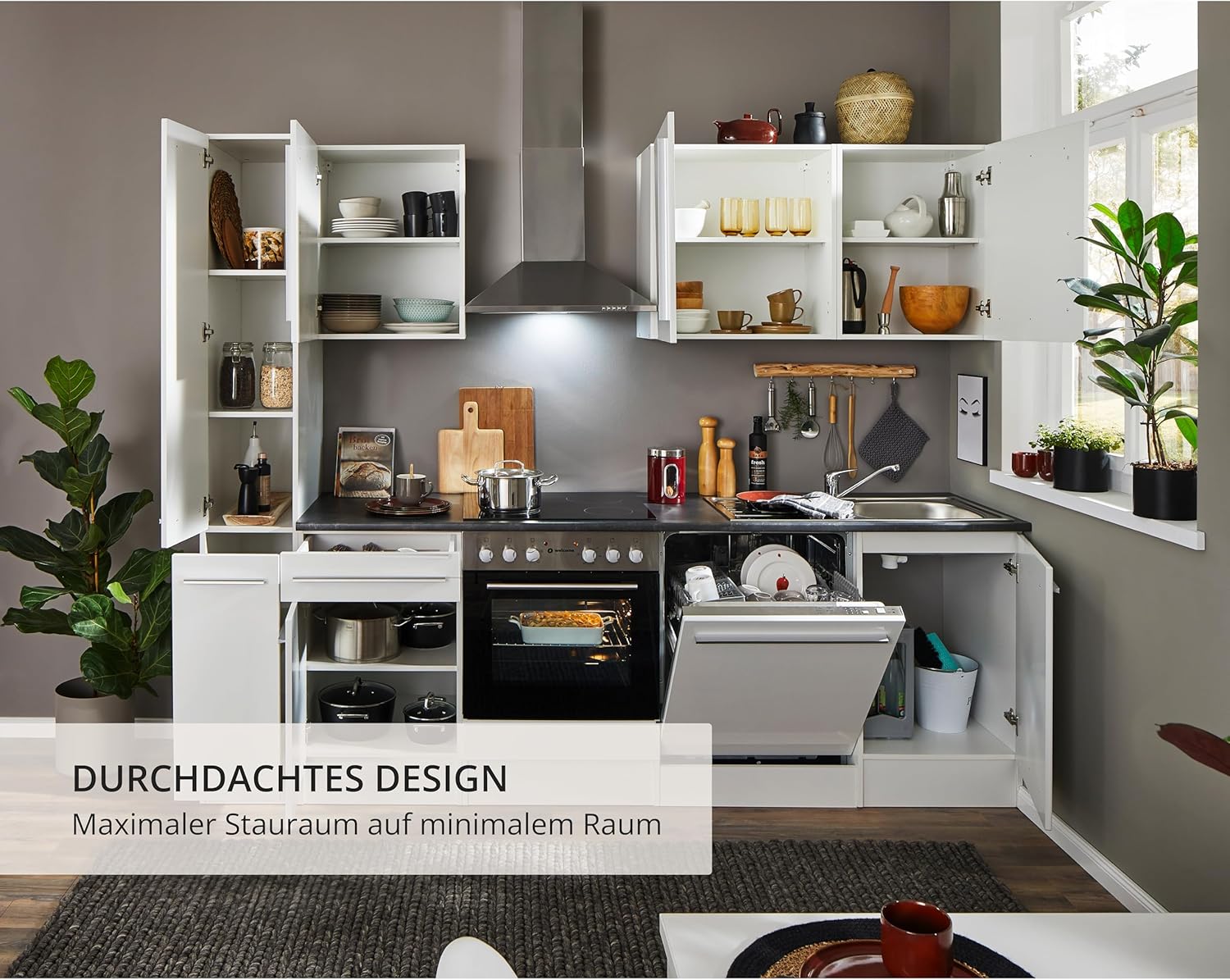 Jazz 8 Moderne Küchenzeile ohne Elektrogeräte in Weiß Hochglanz, Metallic Grau - Geräumige Einbauküche mit viel Stauraum - 250 x 211 x 60 cm (B/H/T)
