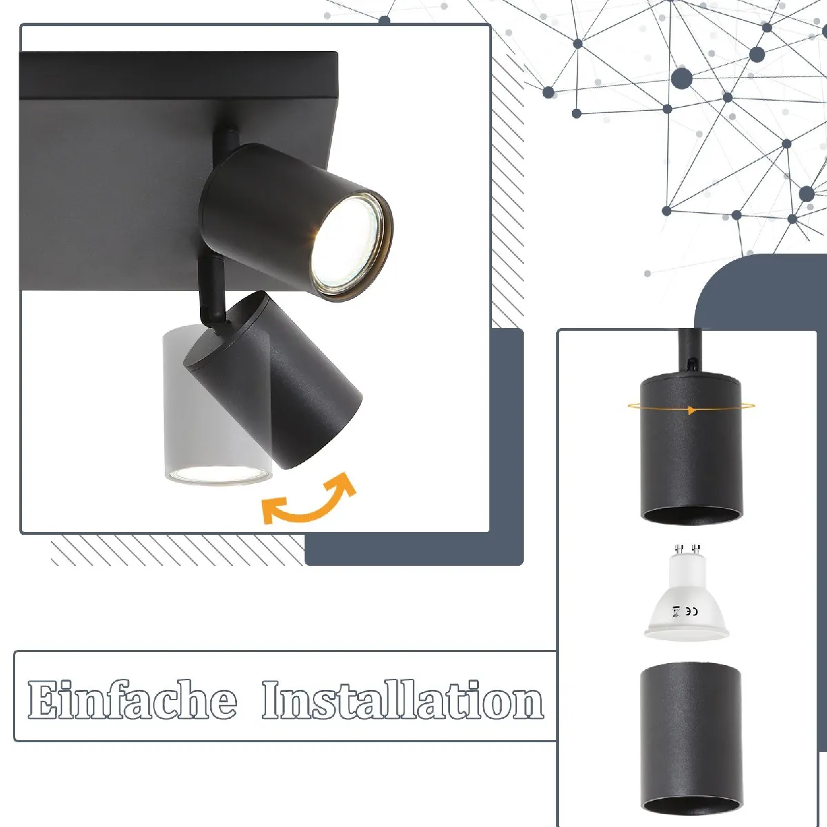 Nettlife Plafonnier 6x GU10 - Noir Industriel