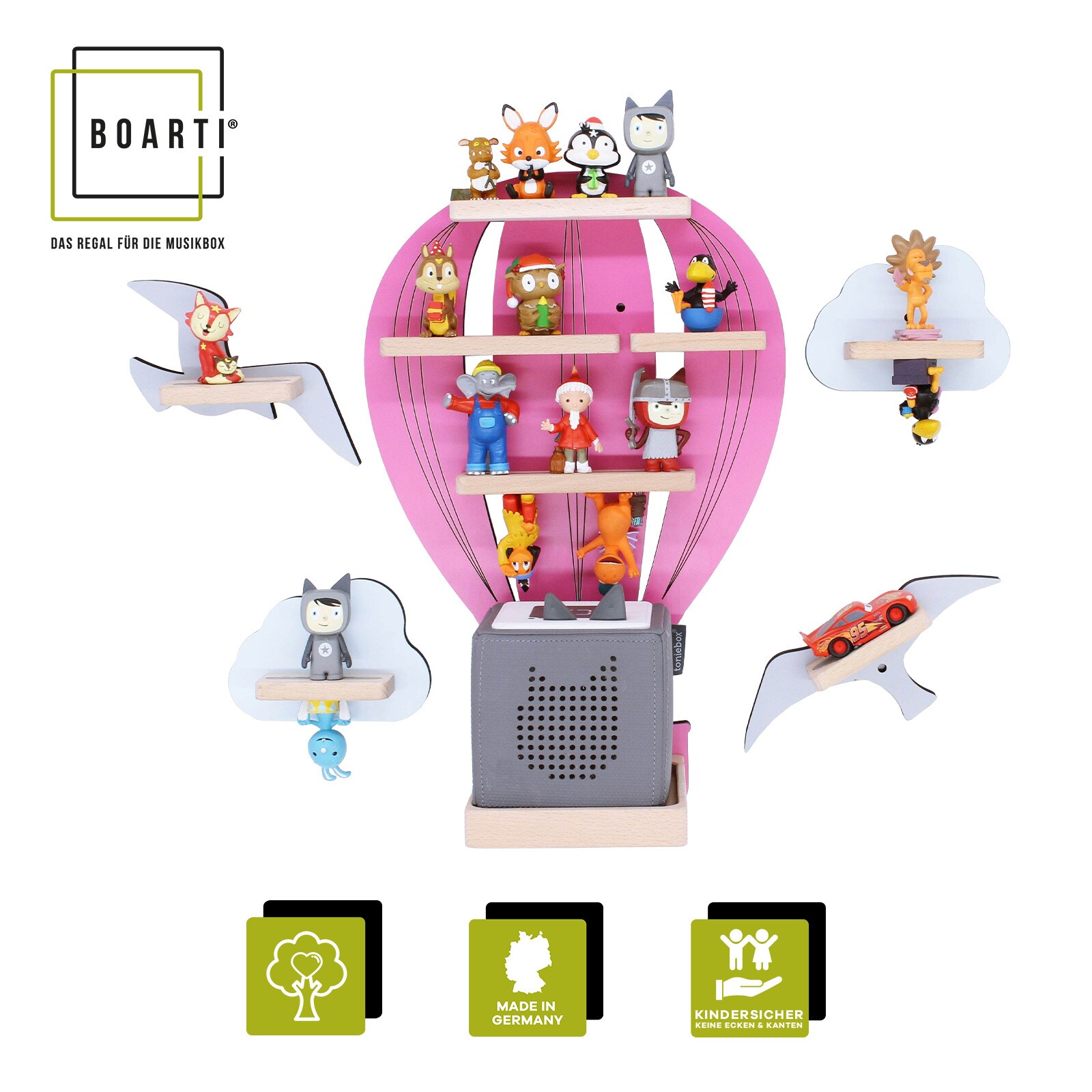 BOARTI Holz Heißluftballon Set Kinder Regal Toniebox Figuren Wandregal Tonies
