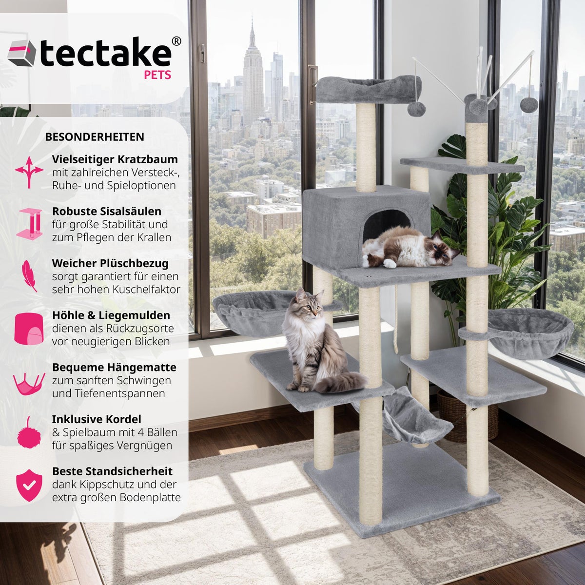 tectake kattenboom Lilou 165 cm inclusief 4 speelballen, koord en kantelbeveiliging