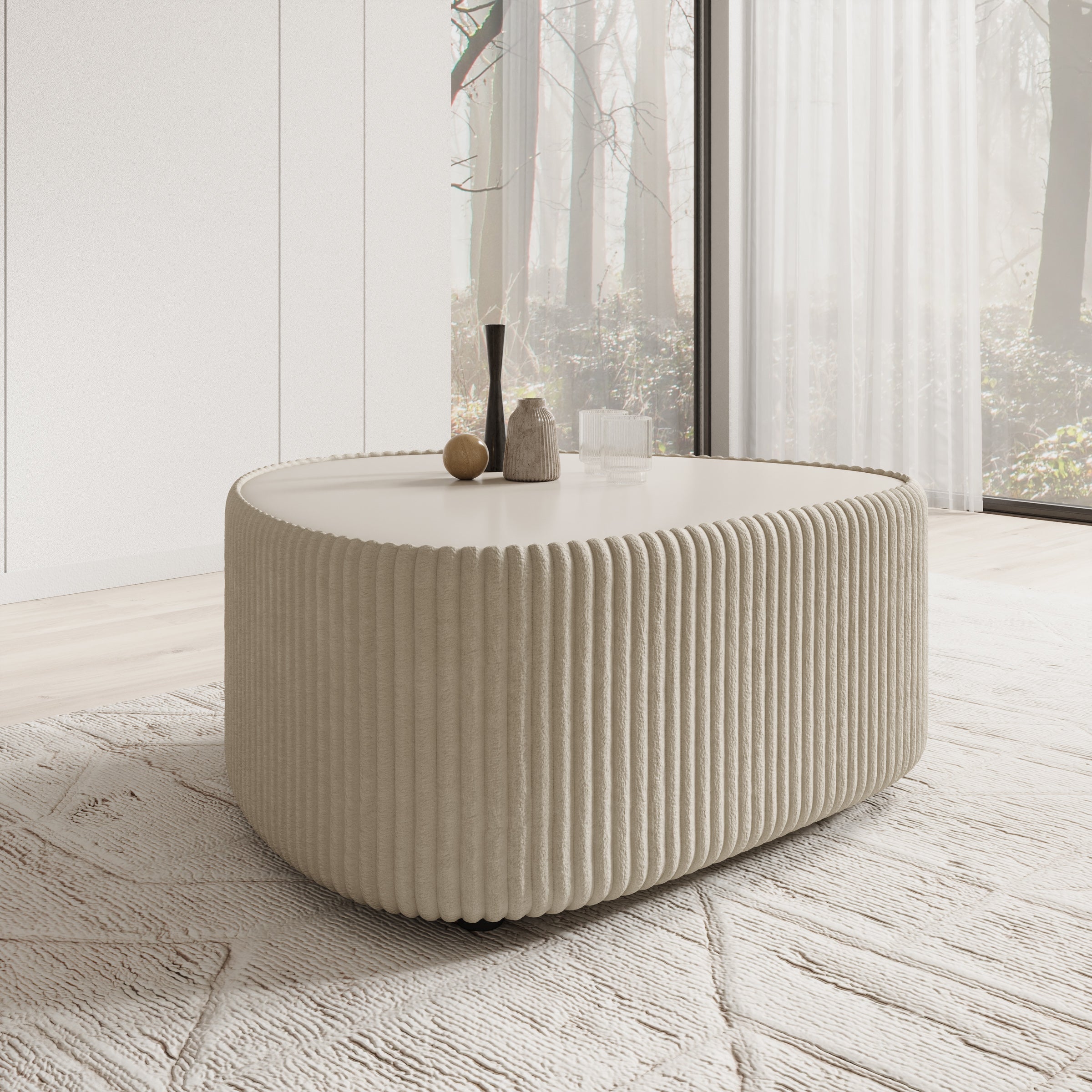 Marlen - Salontafel - Fluffy ribstof beige - 96x89x42 cm