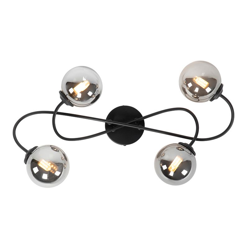 Moderne plafondlamp zwart 4-lichts met smoke glas - Athens