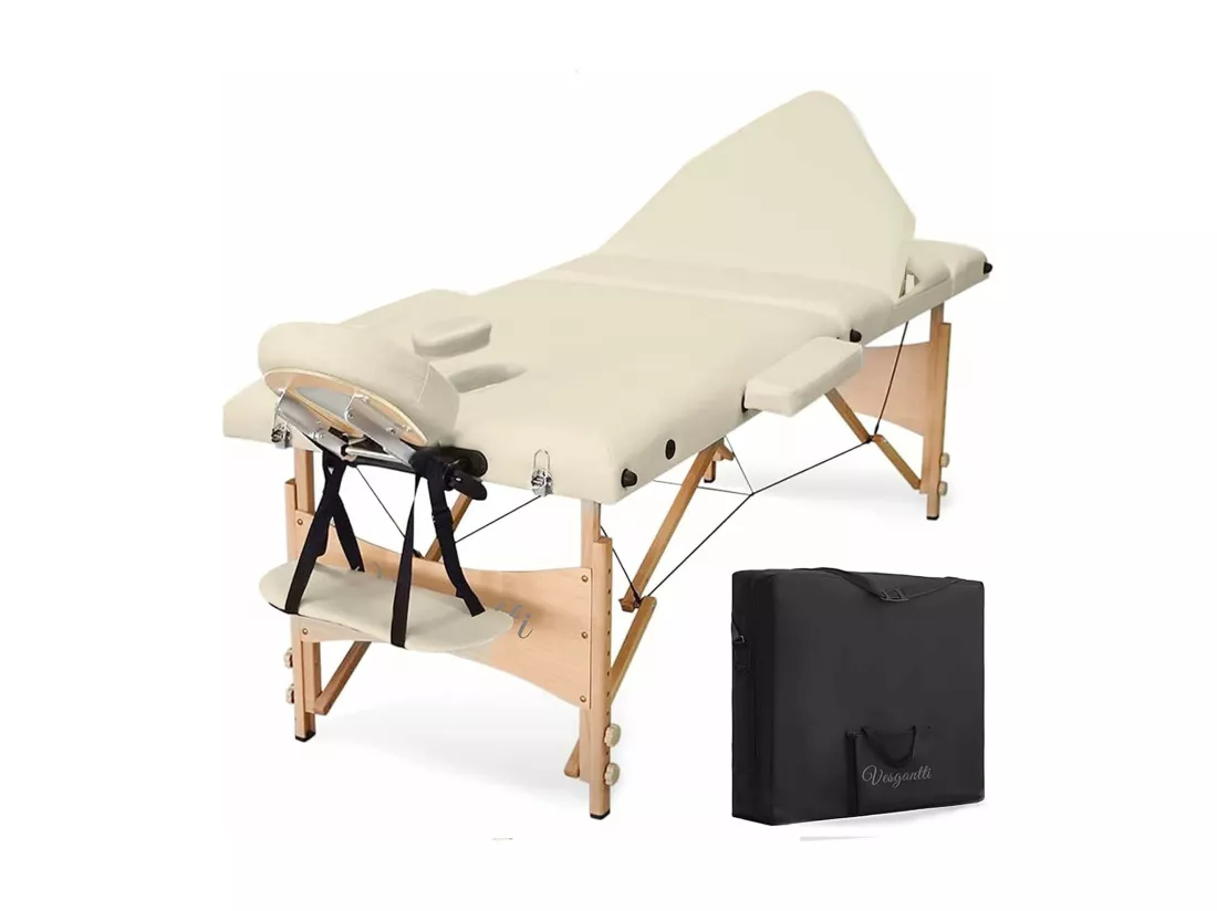Table de massage Canapé de Massage Pliante Bois 3 Sections Lit Professionnel Cosmétique Esthetique Hauteur Réglable 215x60cm - Beige