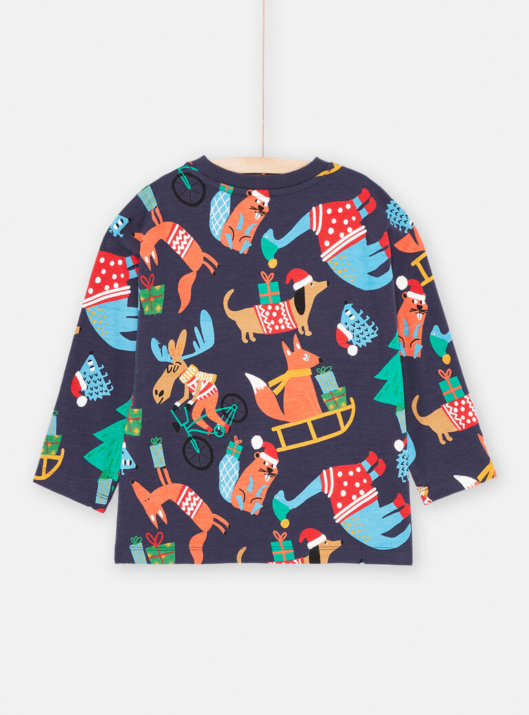 T-shirt bleu nuit imprimé noël pour garçon