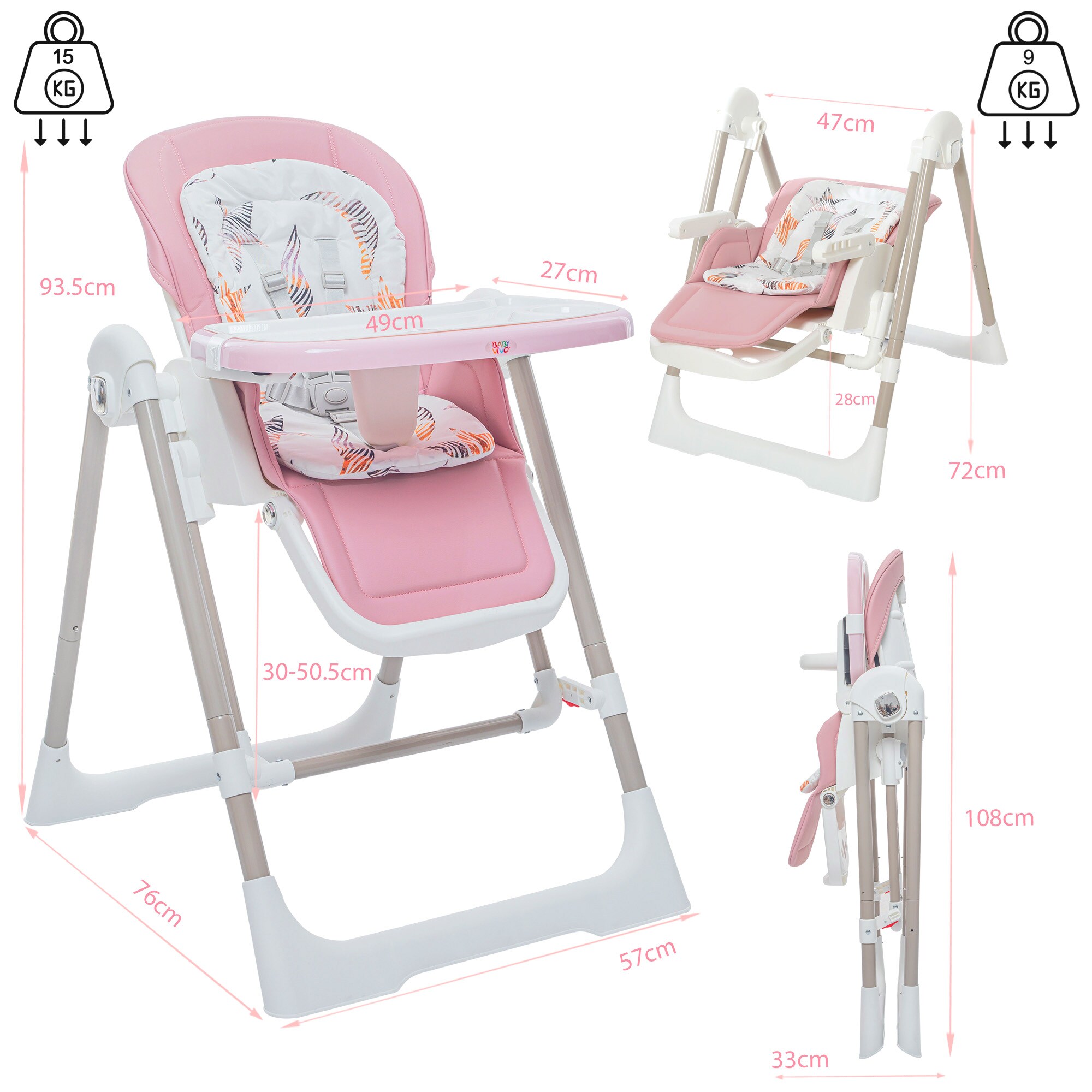 Baby Vivo 3in1 Kinderhochstuhl / Babywippe höhenverstellbar für Kinder - Lulu in Rosa