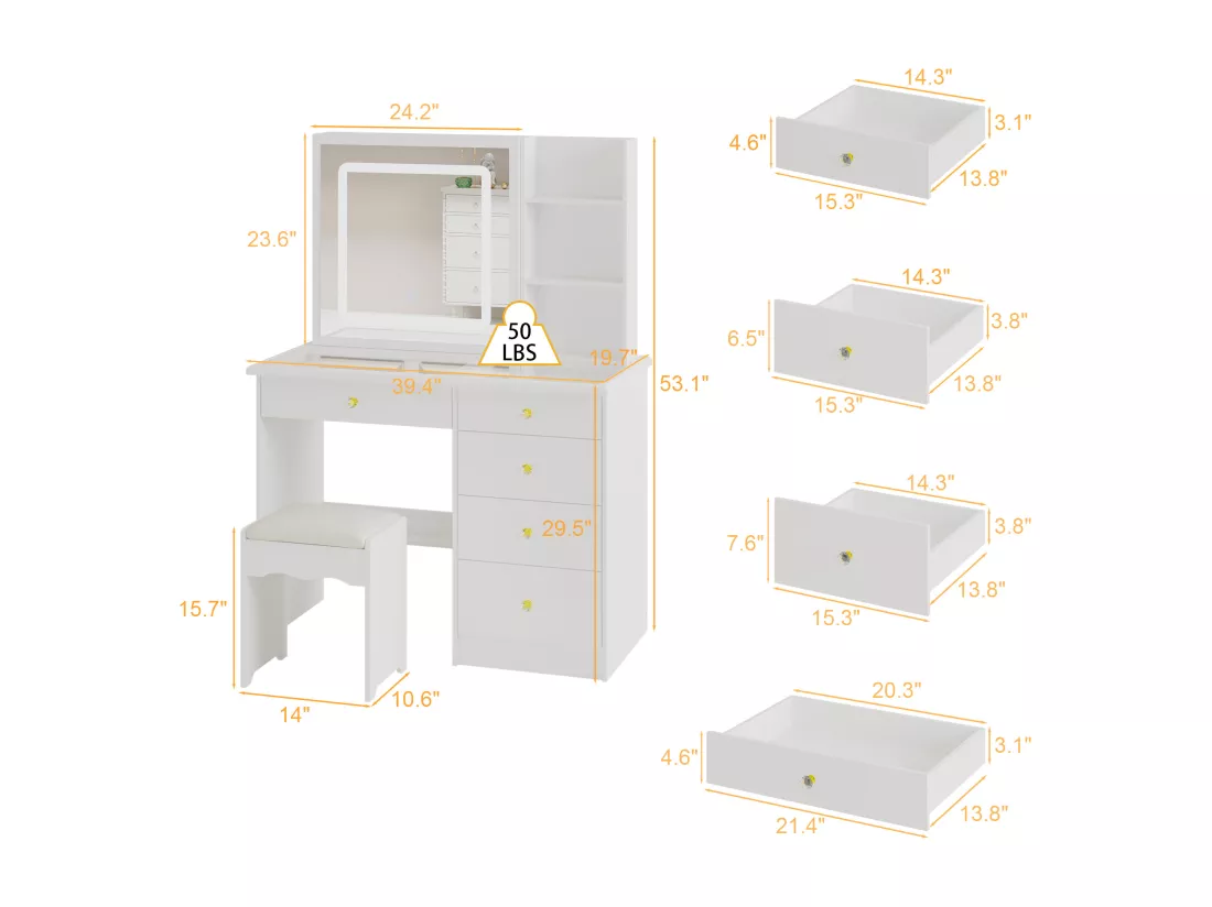 Coiffeuse avec éclairage LED et miroir coulissant,éclairage tricolore,tabouret,5 tiroirs,100x50x136cm