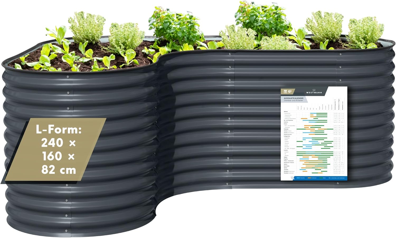 WESTMANN Metallhochbeet inkl. Aussaatkalender | Kräuterbeet für Garten & Terrasse | 240x160x82 cm Grau L-Form | Hochbeet & Frühbeet zum Bepflanzen von Gemüse | Pflanzkasten aus Metall