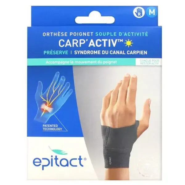 Munhequeira Epitact Carp'Activ Flexible Activity para proteção contra a síndrome do túnel do carpo, lado direito, tamanho M, 1 unidade.