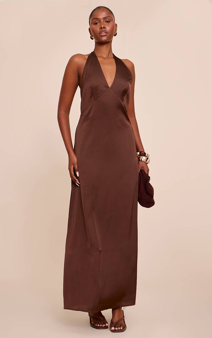 Chocolat Robe Longue Satinée À Col En V