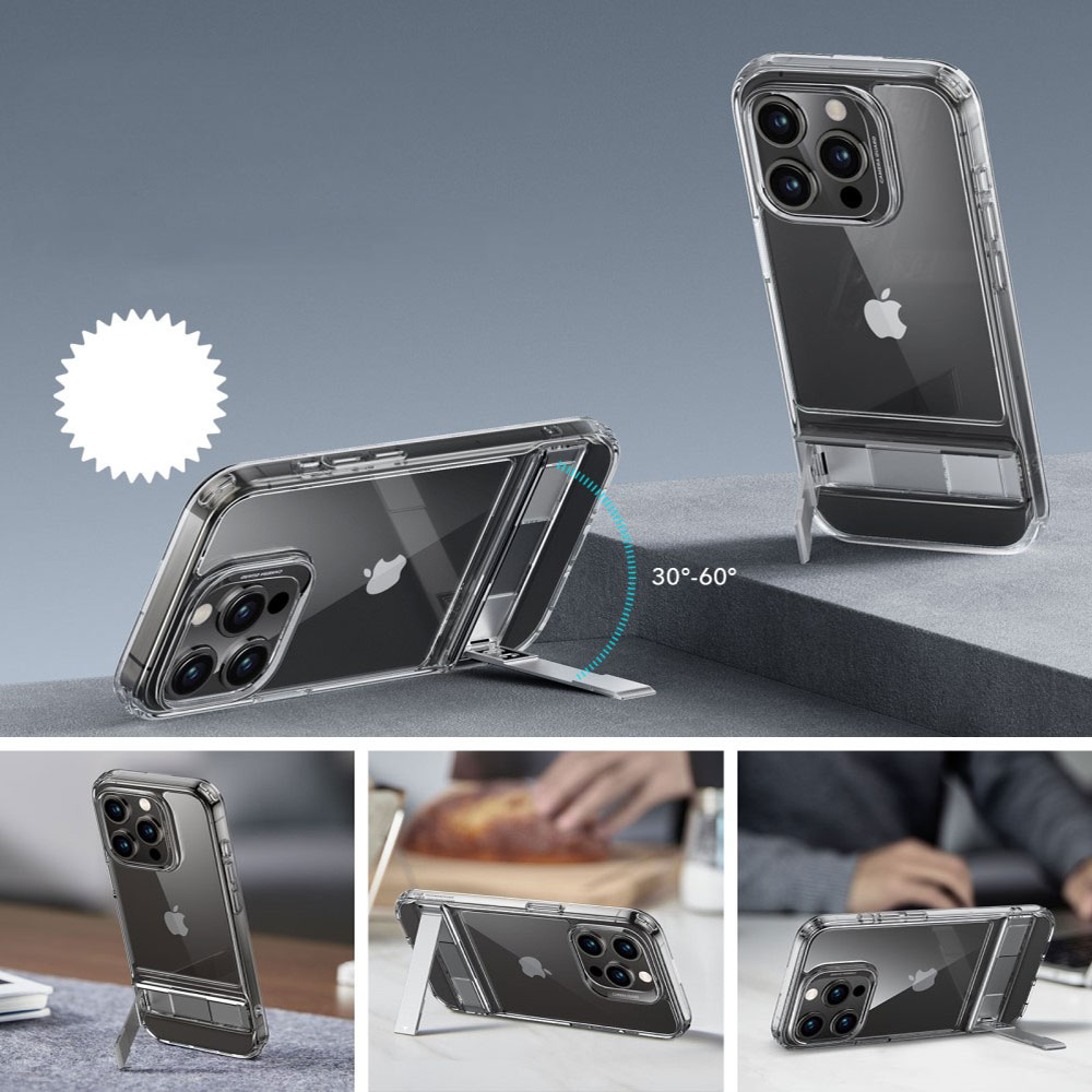 iPhone 15 Boost Series Hybrid Hülle TPU Bumper mit Acryl Rückseite   Aluminium Kickstand - Transparent