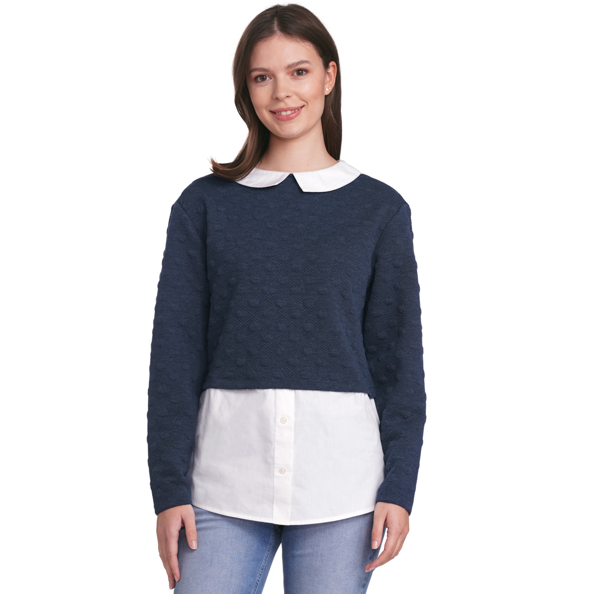 Gina Damen Strickpullover mit Blusen-Einsatz dunkelblau / weiss