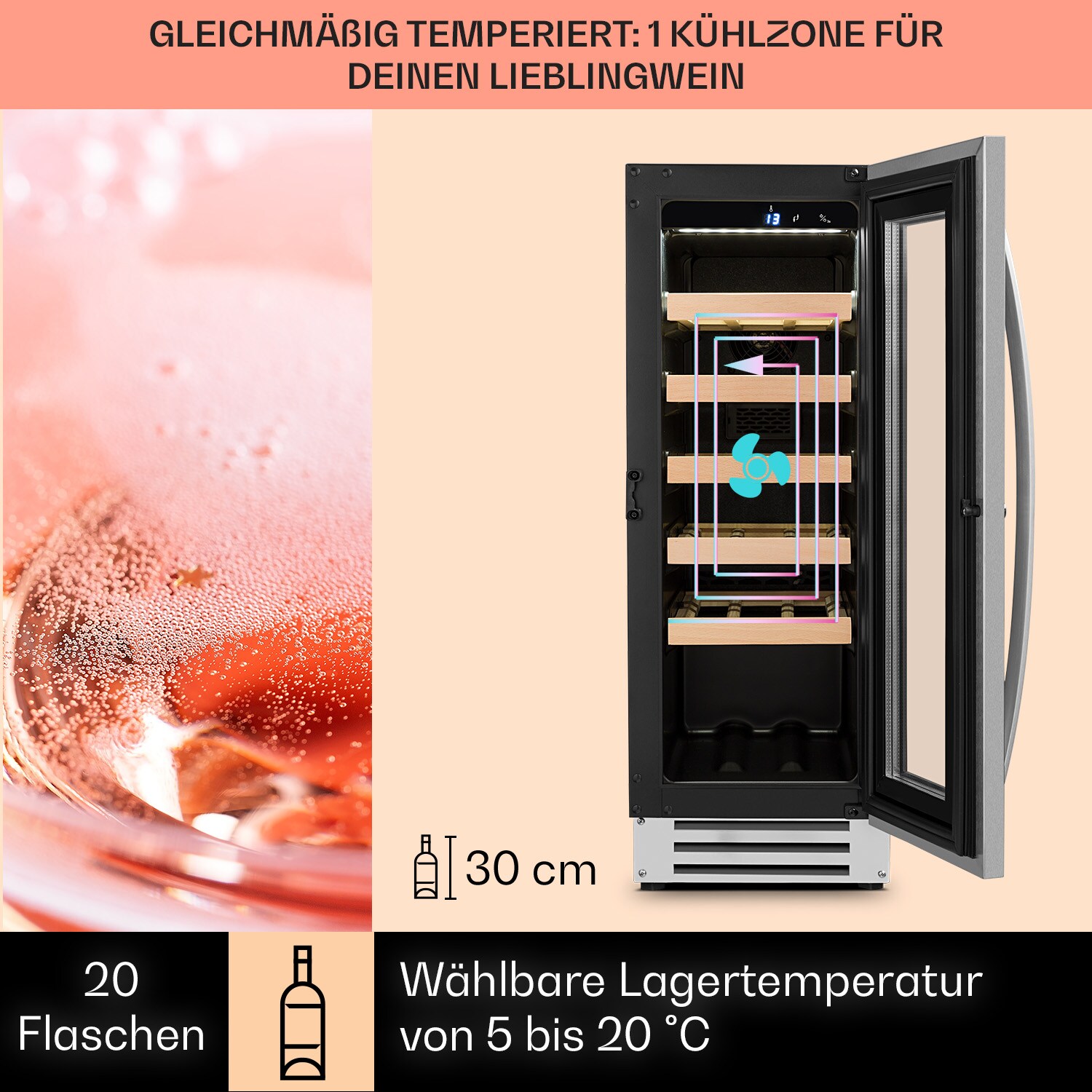 Vinovilla Smart Weinkühlschrank 50l / 20 Flaschen Glastür Edelstahl