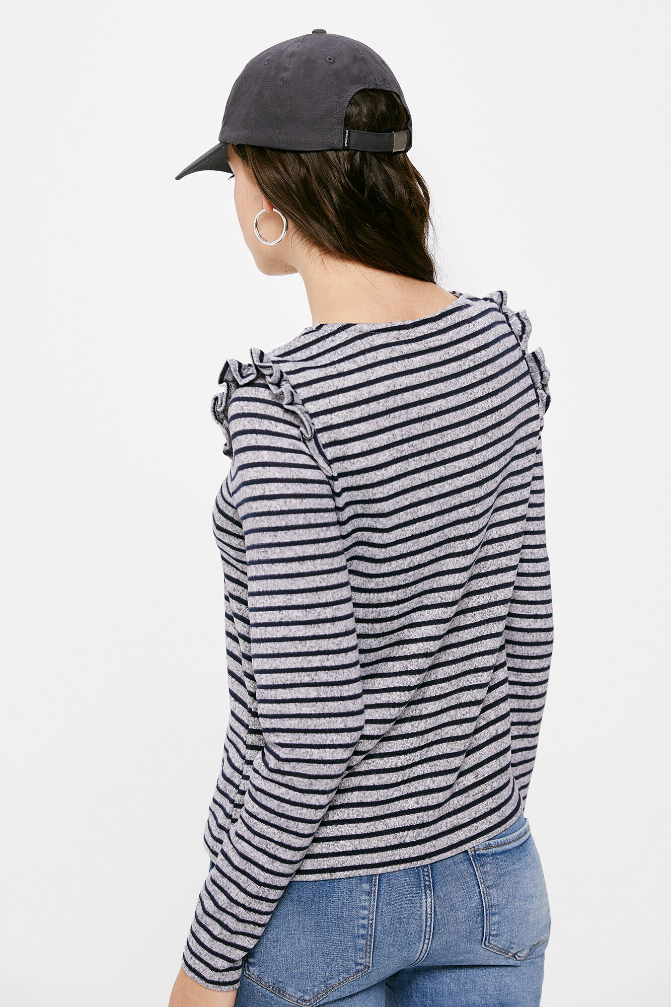 Camiseta listrada com babados nos ombros - azul marinho