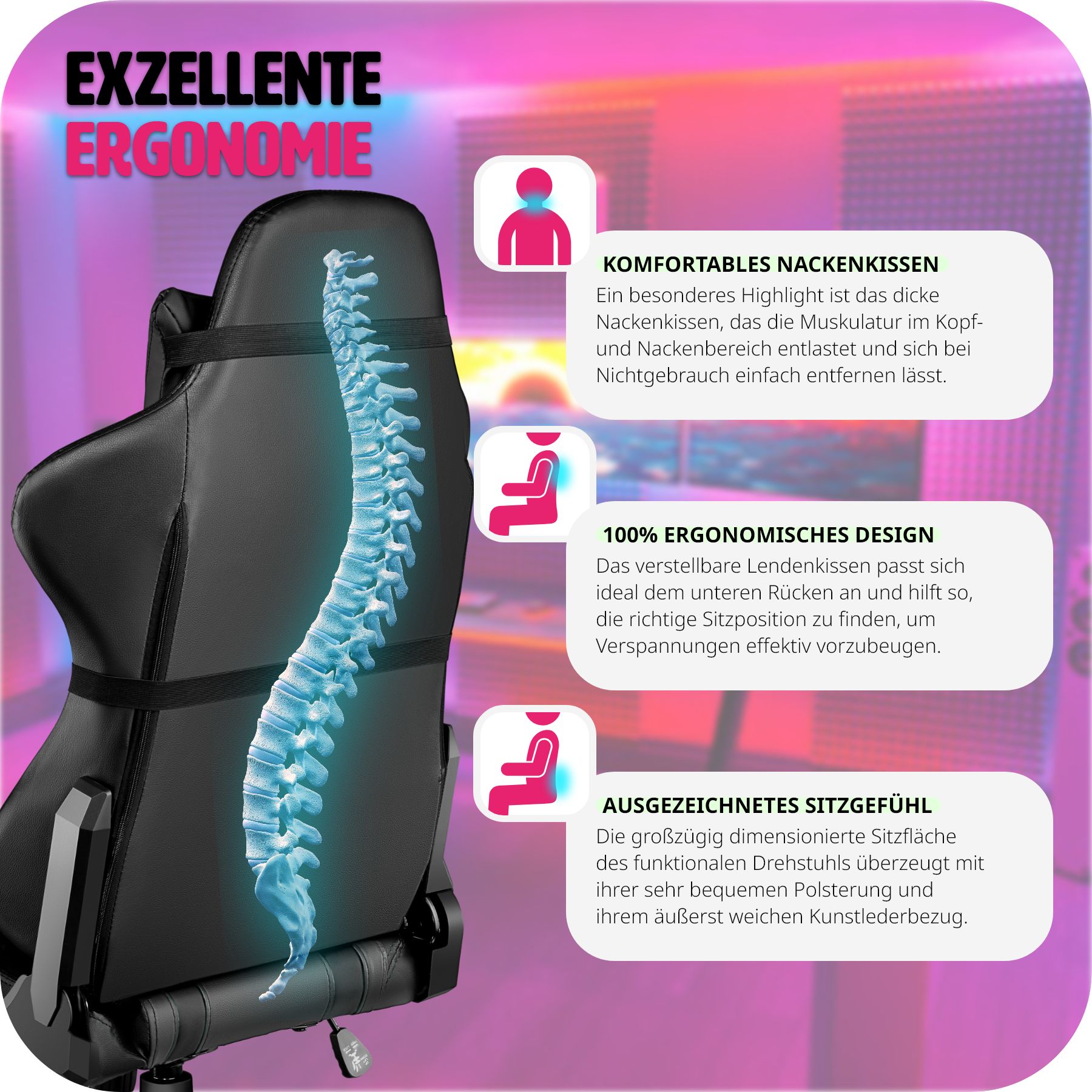 tectake® Racing Gaming Stuhl, ergonomische Form, mit verstellbarer Rückenlehne, Kunstlederbezug, abnehmbares Nacken- und Lendenkissen, Belastbarkeit 120 kg