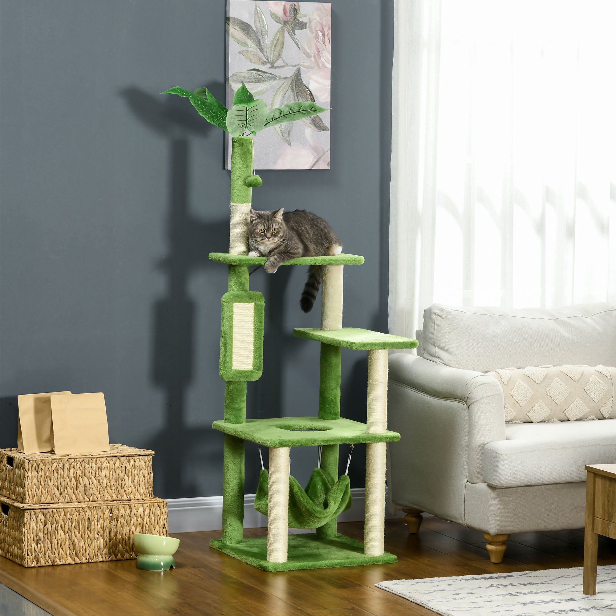 Arranhador grande para gatos PawHut de 142 cm, torre para gatos de interior com postes de sisal, plataformas, rede, folhas e bola de brinquedo, 49 x 49 x 142 cm, verde.