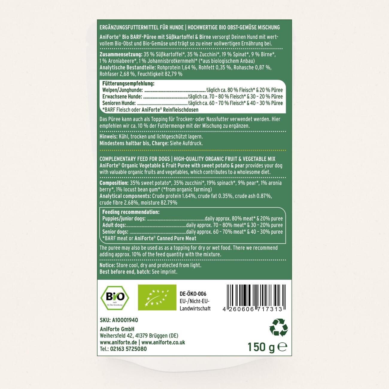 AniForte BIO BARF Püree - Süßkartoffel & Birne 5x150 g