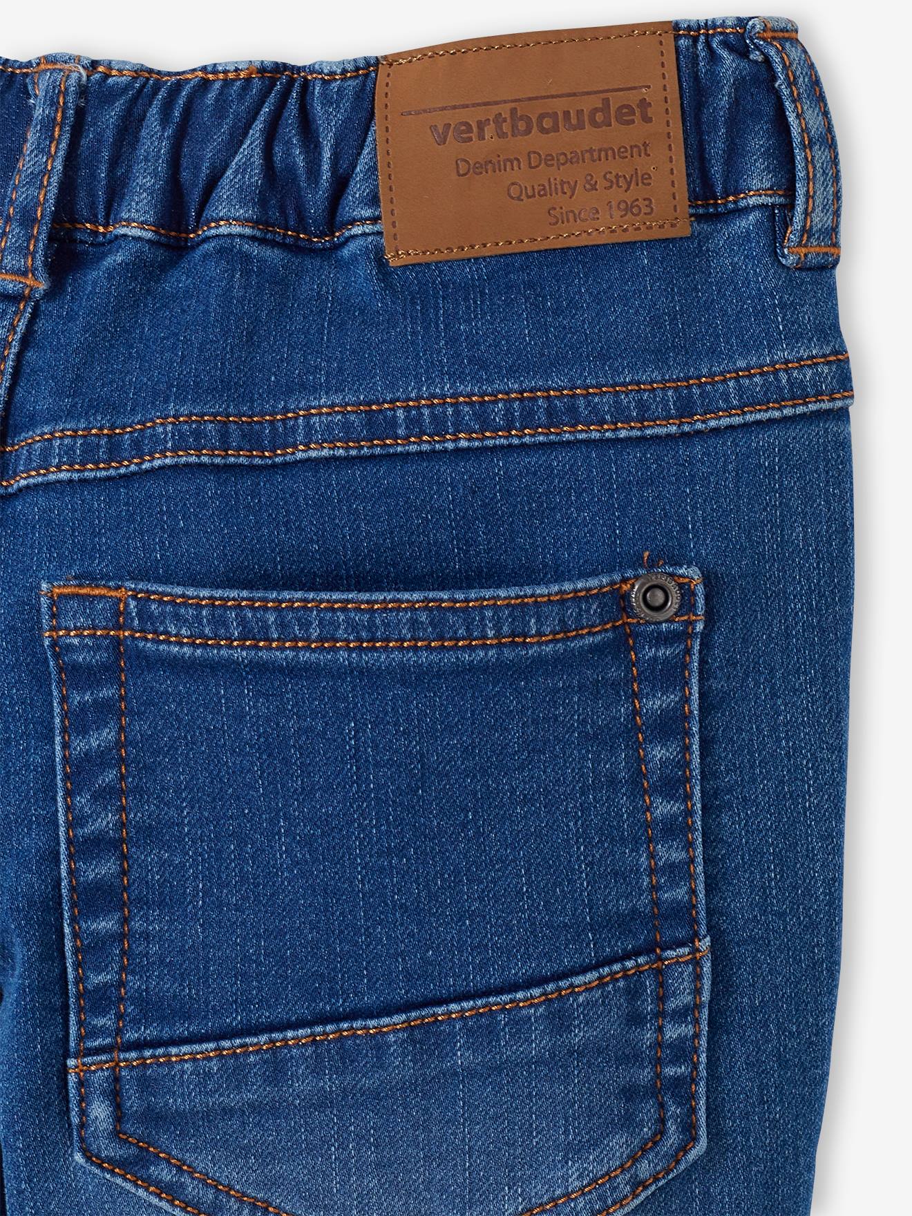 Calças de moletom com efeito jeans, corte justo e fáceis de vestir, para meninos, cor azul-escura lisa.