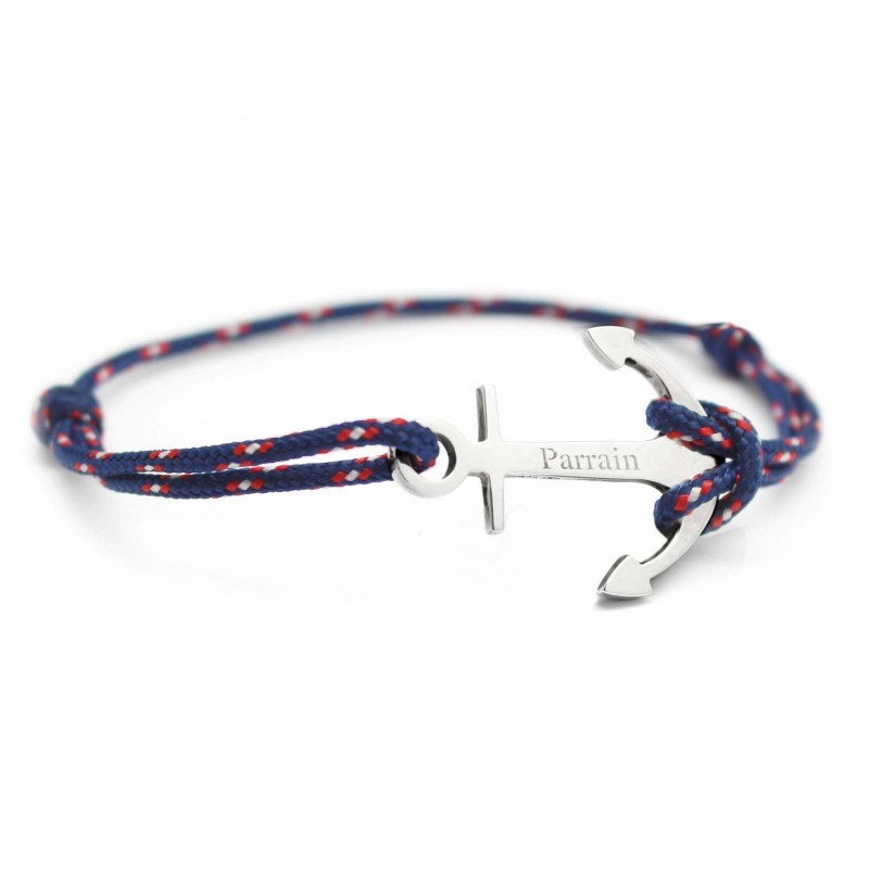 Bracelet cordon ancre argent 925 homme - gravure PARRAIN