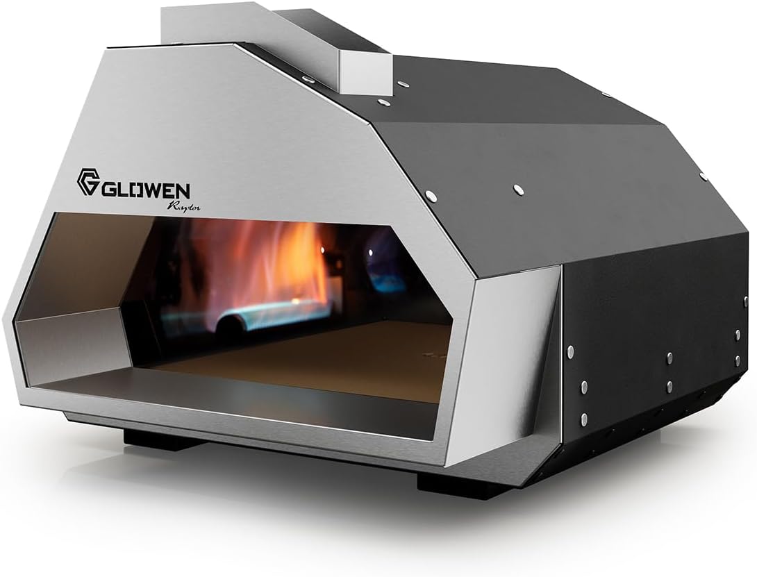 Glowen Raptor Pizzaofen Gas und Holz - Multi-Brennstoff Pizza Ofen Outdoor für Pizzen bis 34 cm – Erreicht in nur 25 Minuten 500 °C – Rolling Flame Technology – 20 mm Schamottstein (Silber)