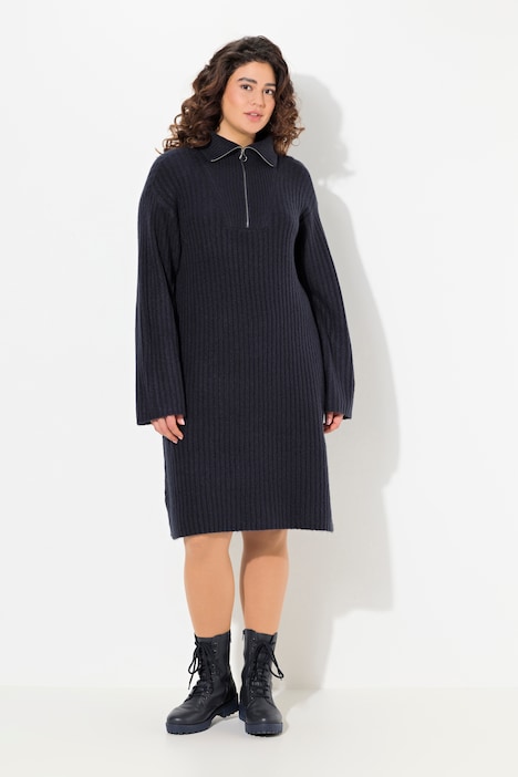 Strickkleid, A-Linie, Rippstrick, Troyerkragen, Langarm