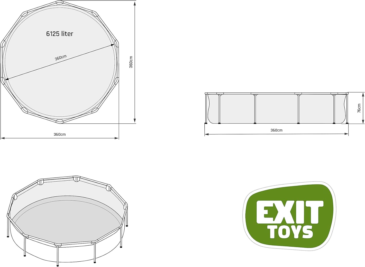 EXIT Toys Stone Pool - ø360x76cm - Großer, Runder Rahmenpool mit Kartuschenfilterpumpe - Leicht Zugänglich - Für Kleinkinder Geeignet - Starker Rahmen - Einzigartiges Design - Grau