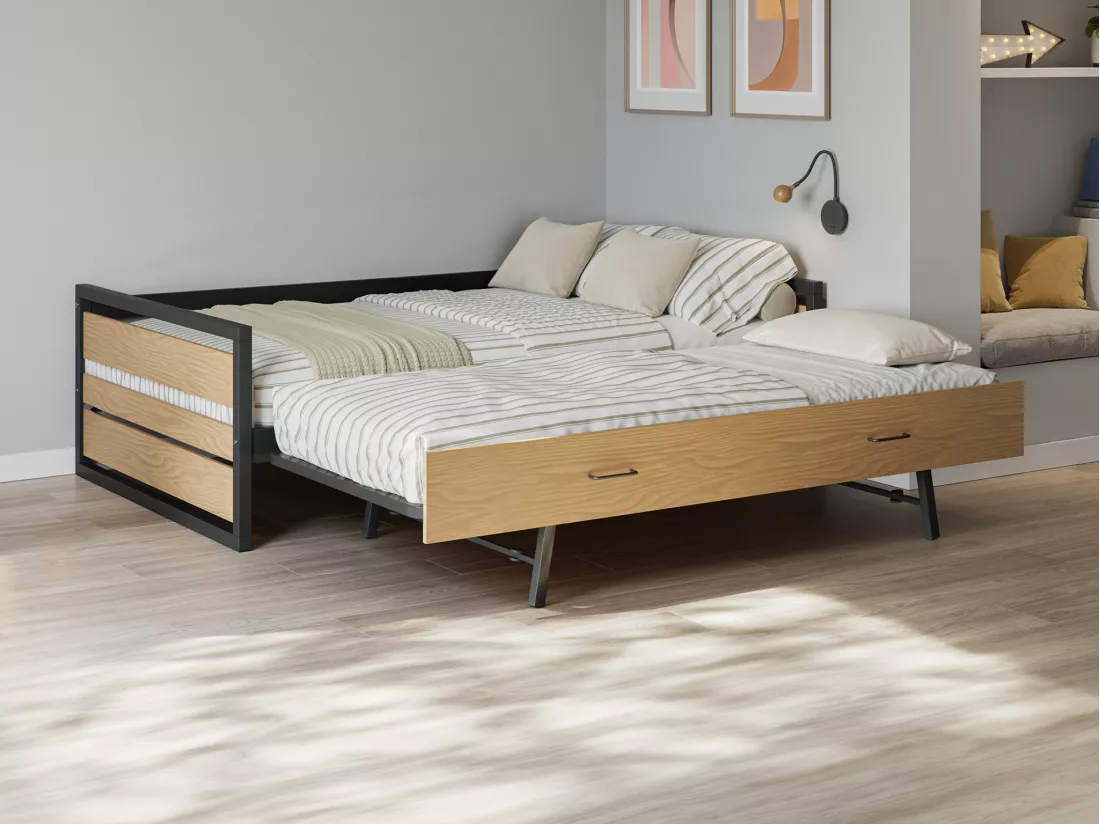 Lit gigogne 120 x 200 et 90 x 200 cm - MDF, Pin et métal - Naturel et anthracite + Matelas - BOSTON