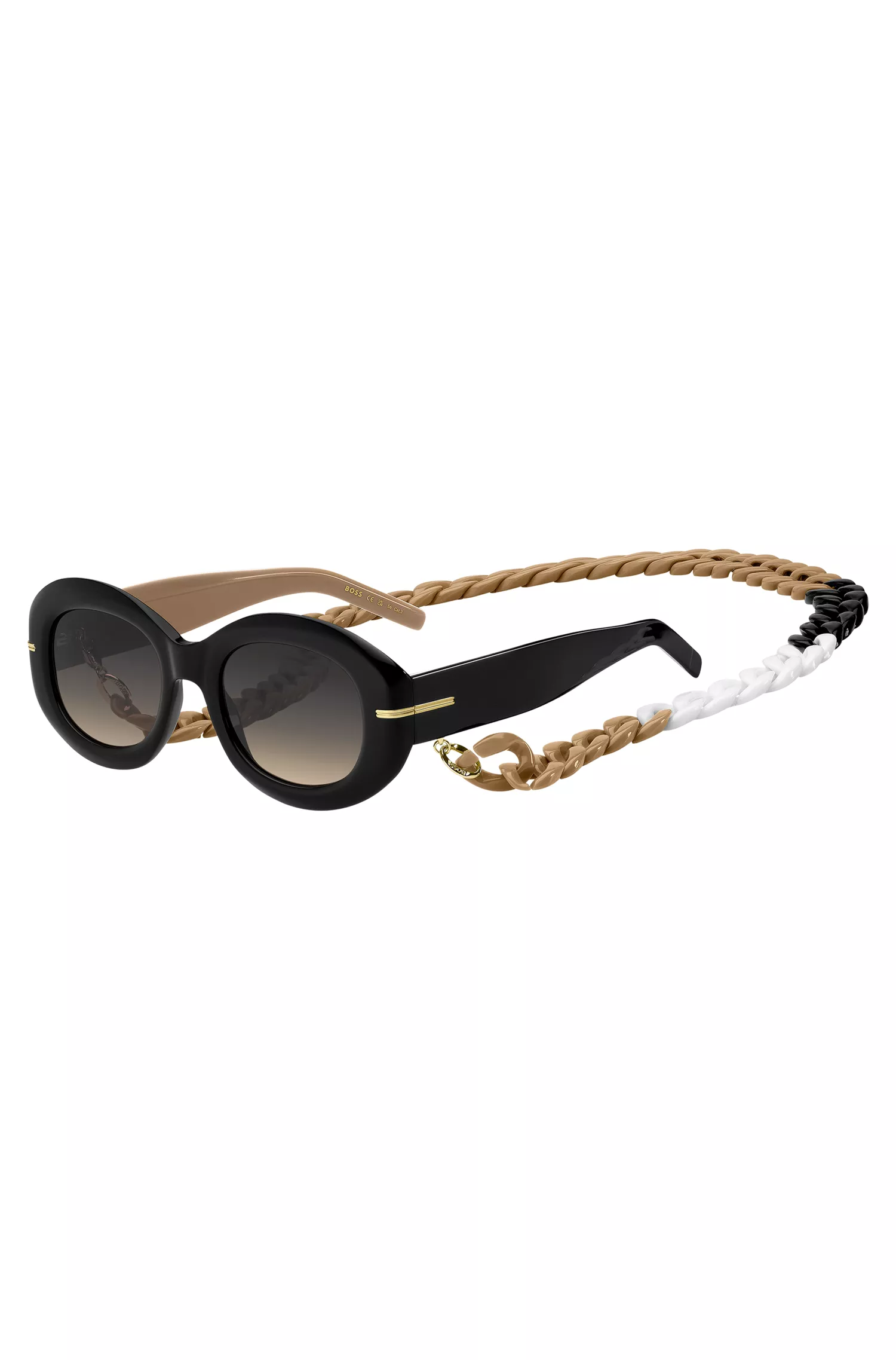 Óculos de sol BOSS em acetato preto com alça de corrente.