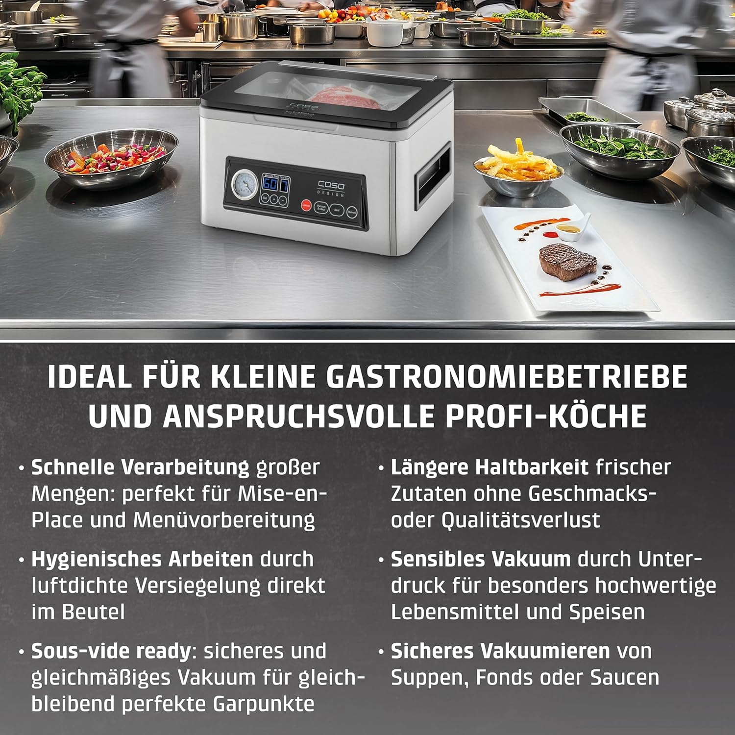 Caso VacuChef 40 - Kammervakuumierer aus Edelstahl, 3L Vakuumkammer 70 Liter/Minute, doppelte Schweißnaht, einstellbare Vakuum- und Schweißzeit, 1417